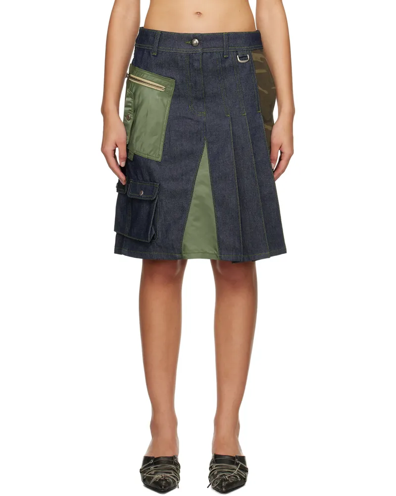 Andersson Bell Blue & Khaki Marta Half-Pleats Midi Skirt Indigo
