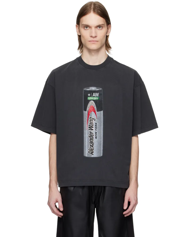 Alexander Wang Black Battery Logo-Print Graphic T-shirt Washed
