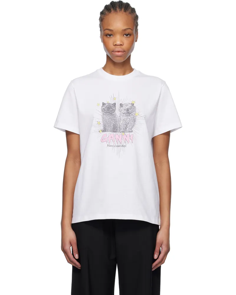 Ganni White Basic Jersey Kittens Relaxed T-shirt 151