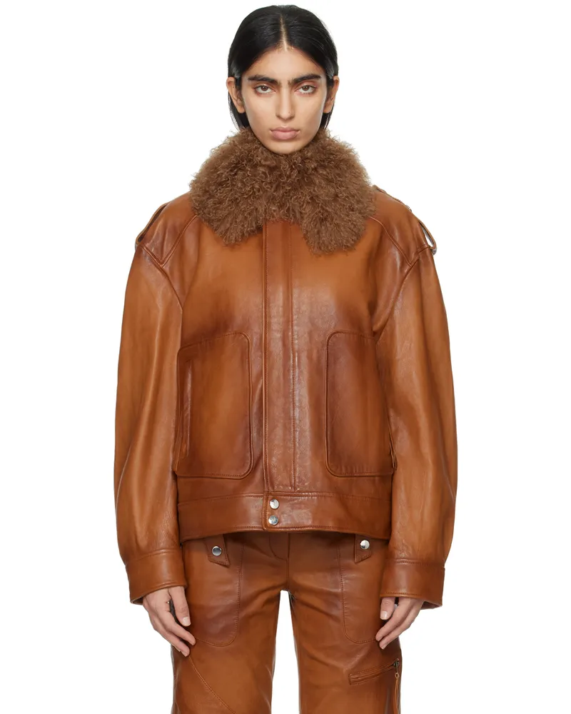 Blumarine Brown Detachable Collar Leather Jacket N0557