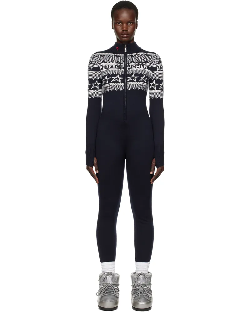 Perfect Moment Navy Intarsia-Knit Merino Wool Jumpsuit Blue