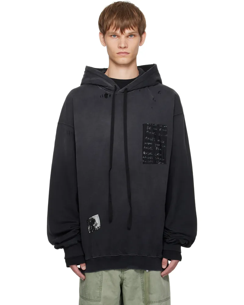 Ann Demeulemeester Black Ollie High-Comfort Printed Patches Hoodie Faded
