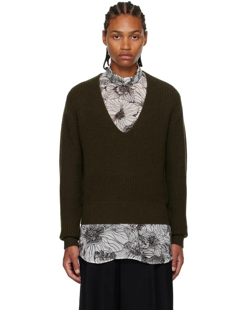 Dries van Noten Khaki V-Neck Sweater 606