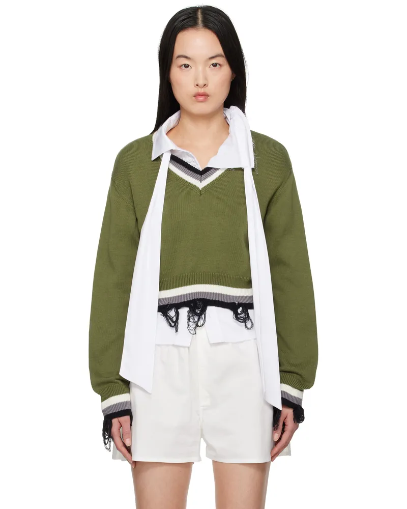OTTOLINGER Green Cropped V-neck Sweater Green-white