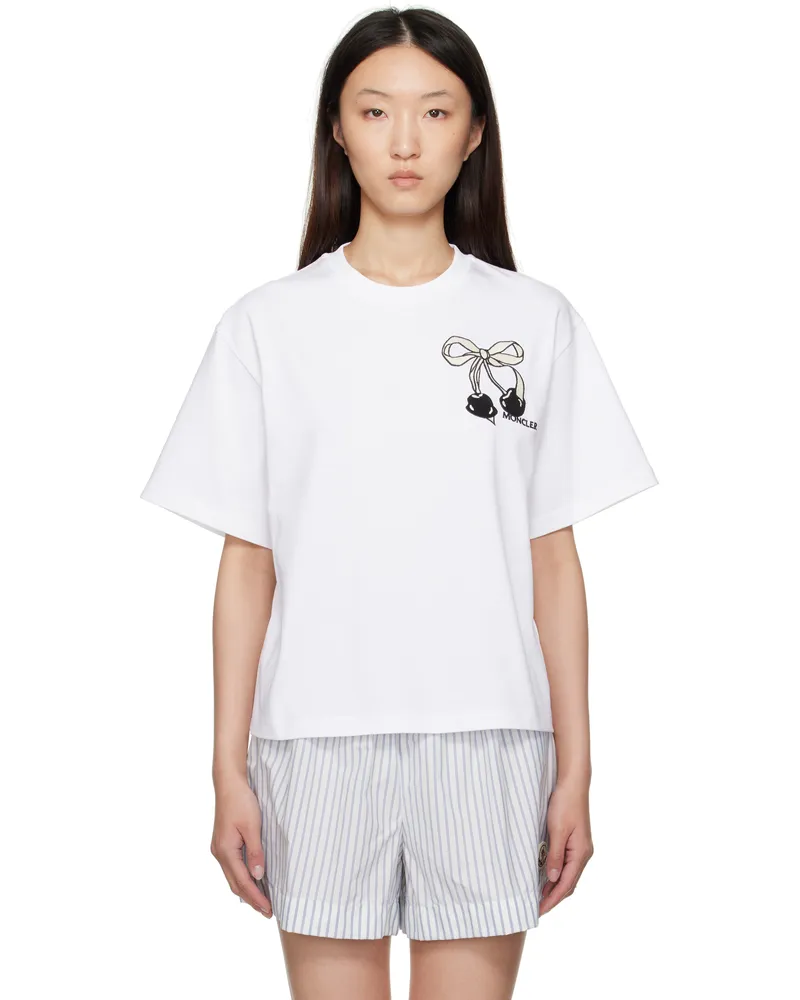Moncler White Embroidered Cherry Logo Cotton T-shirt 00a