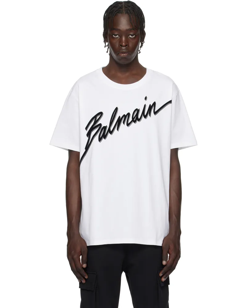 Balmain White Flocked 'Balmain Letter' Logo T-shirt Gab