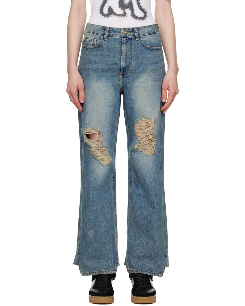 OPEN YY Blue Distressed Loose Straight Jeans Blue
