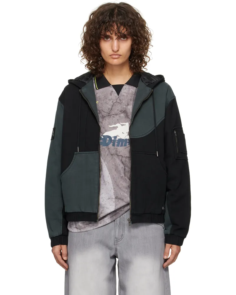 Dime Black & Gray Panel Denim Hooded Bomber Jacket Charcoal