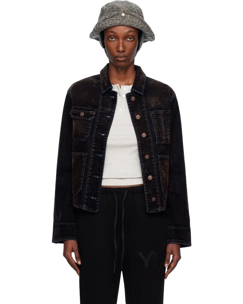 OPEN YY Black Velvet Denim Trucker Jacket Black