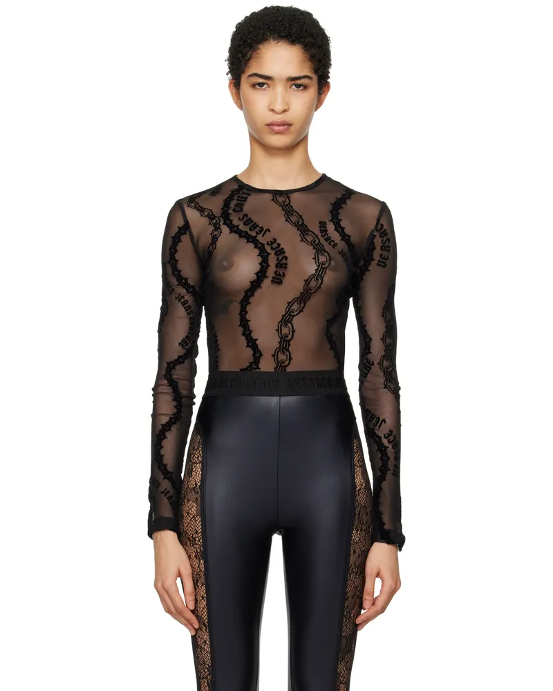 Versace Jeans Black Chain Couture Mesh Bodysuit E899