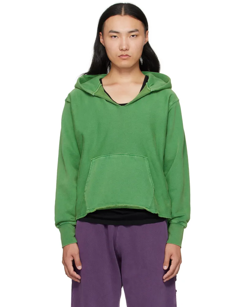 LES TIEN Green Heavyweight Raw Cropped Hoodie Washed