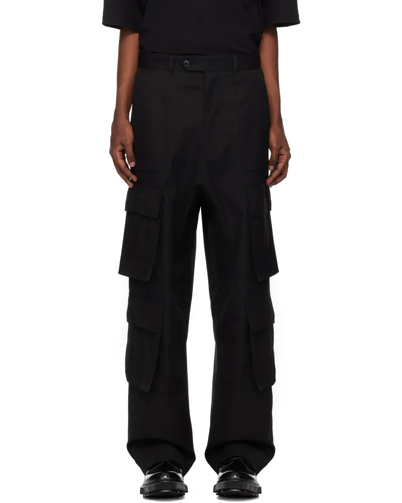 LOWNN Black Twill Wide Leg Cargo Pants Black