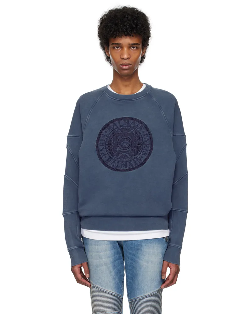 Balmain Navy Ribbed Coin Embroidery Sweatshirt 6cx