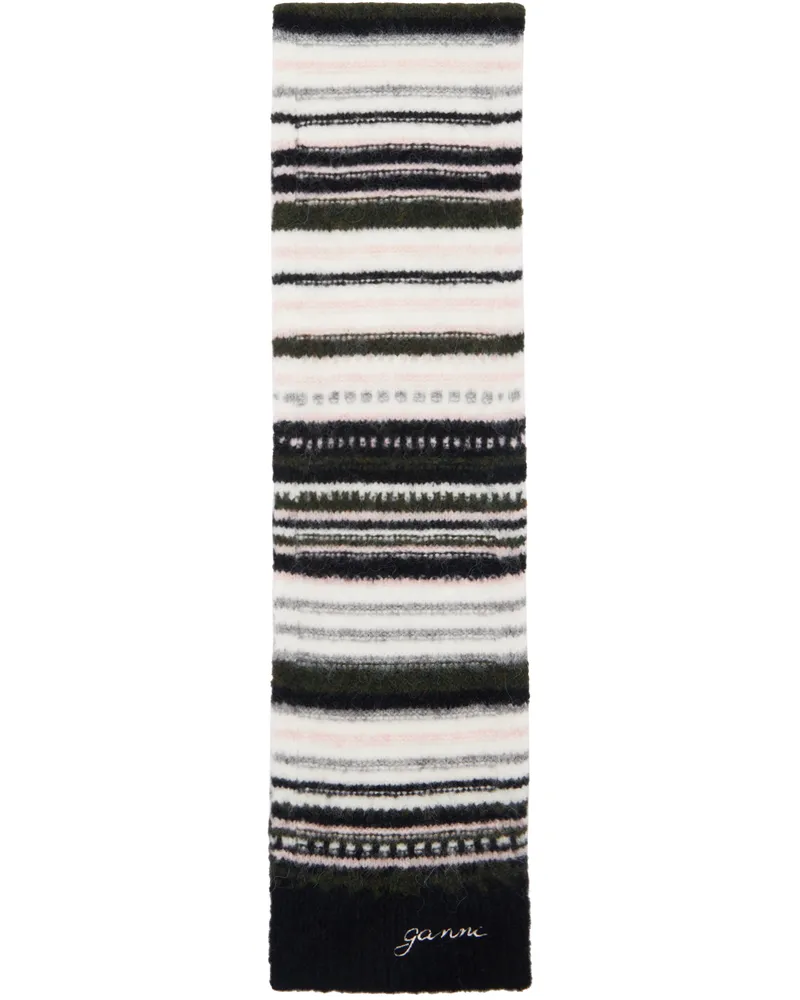 Ganni Black & White Striped Wool Scarf Black