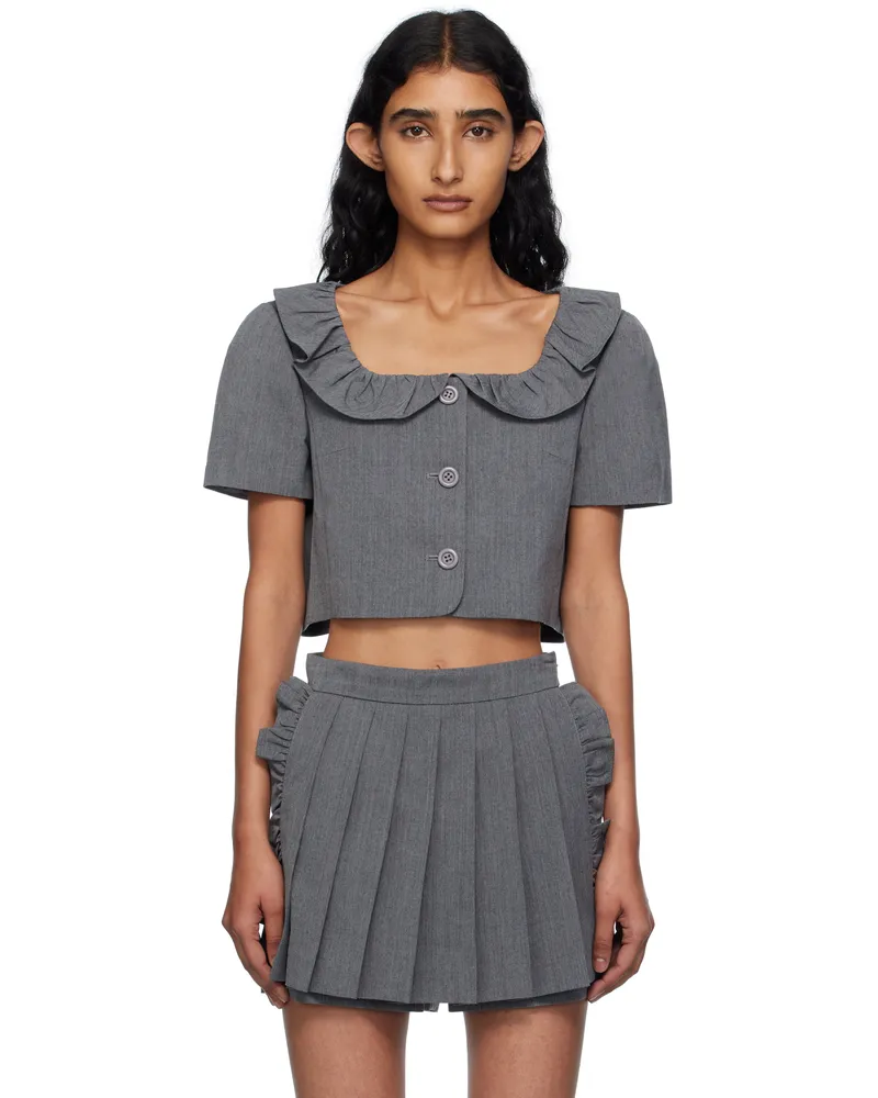 pushBUTTON Gray Frilled Neck Cropped Top 106w
