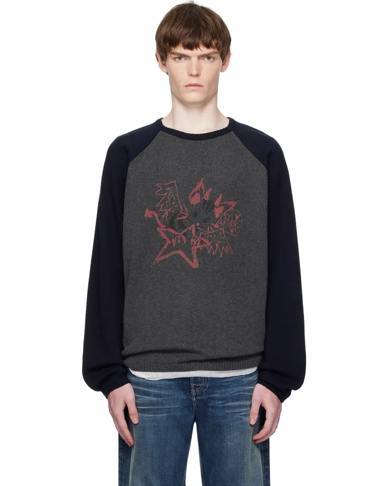 WE 11 DONE Gray & Navy Printed Raglan Knit Pullover Sweater Charcoal