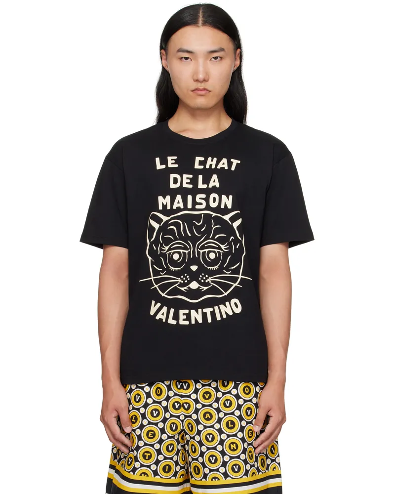 Valentino Garavani Black Cotton 'Le Chat De La Maison' T-shirt 9ra