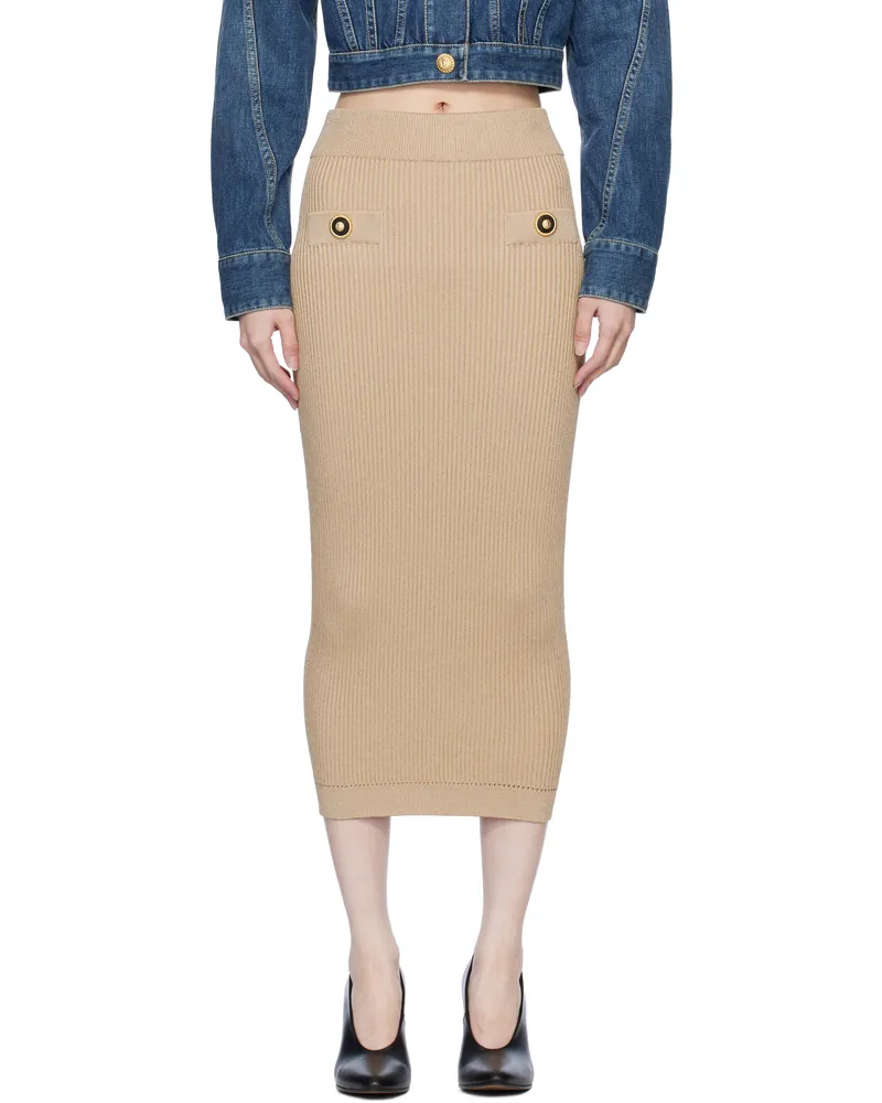 Balmain Beige Plain Ribbed Knit Midi Skirt 0dc