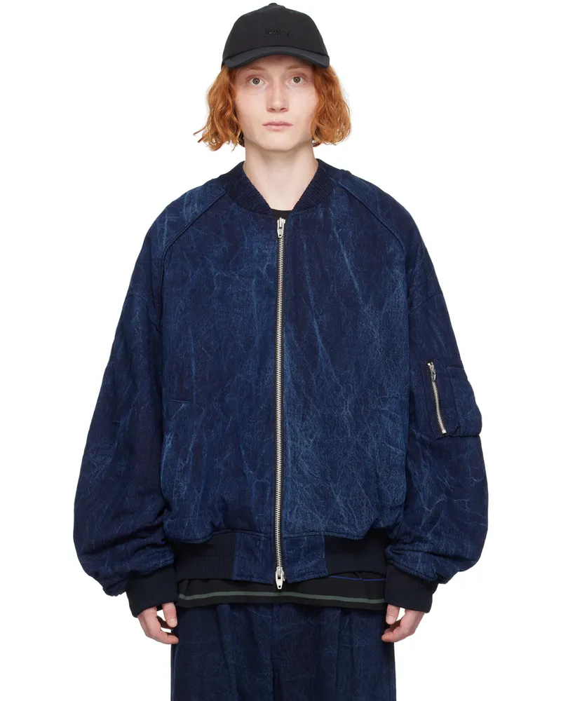 JUUN.J Blue Oil-Washed Denim Bomber Jacket P