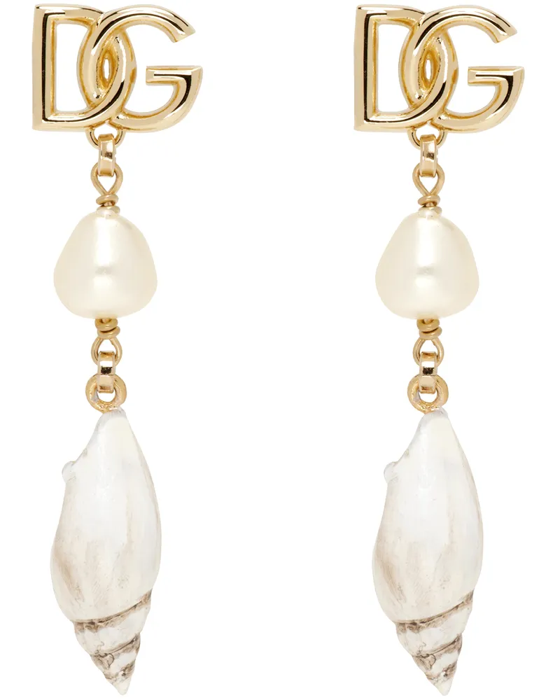 Dolce & Gabbana Gold 'DG' Logo & Shell Charm Earrings Zoooro