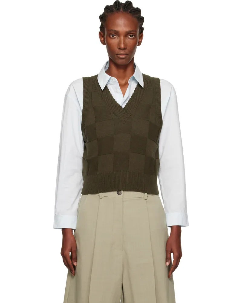 CORDERA Khaki Checkered Cotton & Cashmere Vest Dark