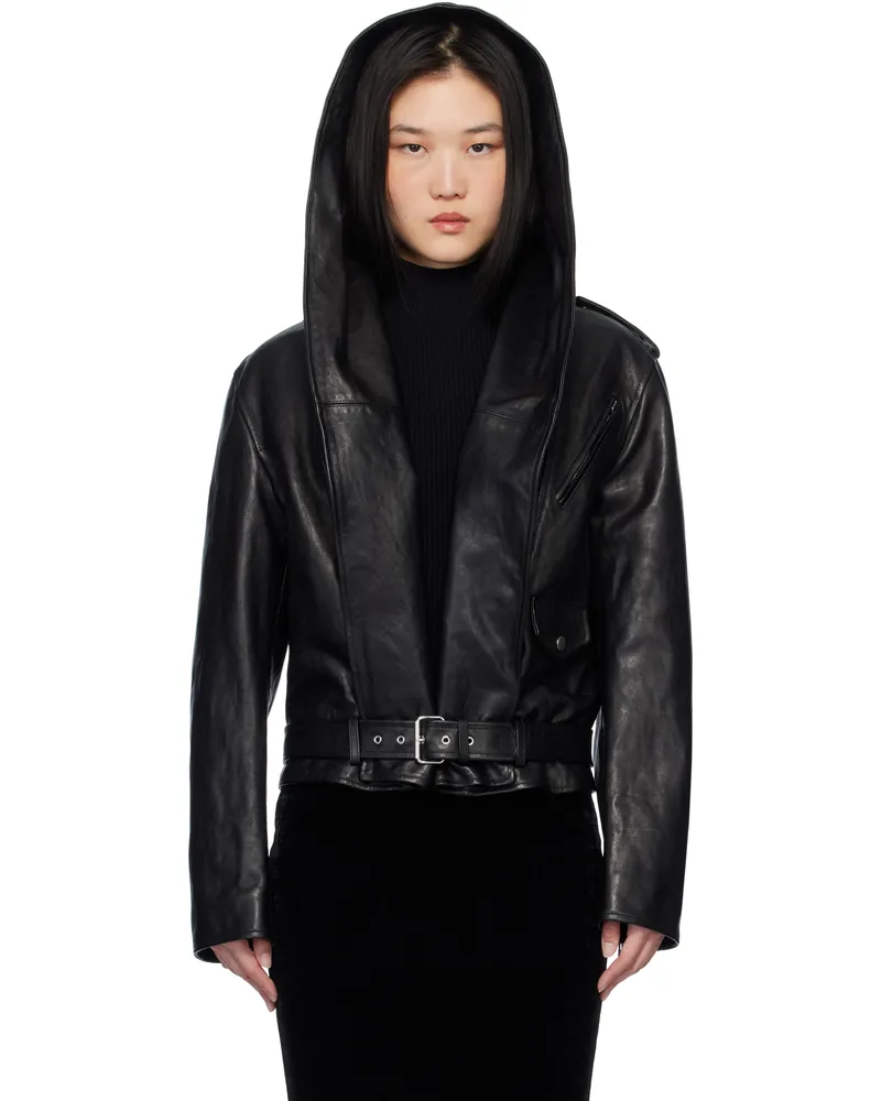 Alaïa Black Hooded Biker Leather Jacket 995