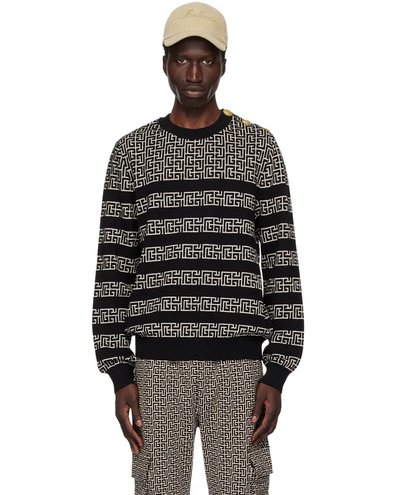 Balmain Black & Off-White Striped 'PB' Labyrinth Sweater Gfe