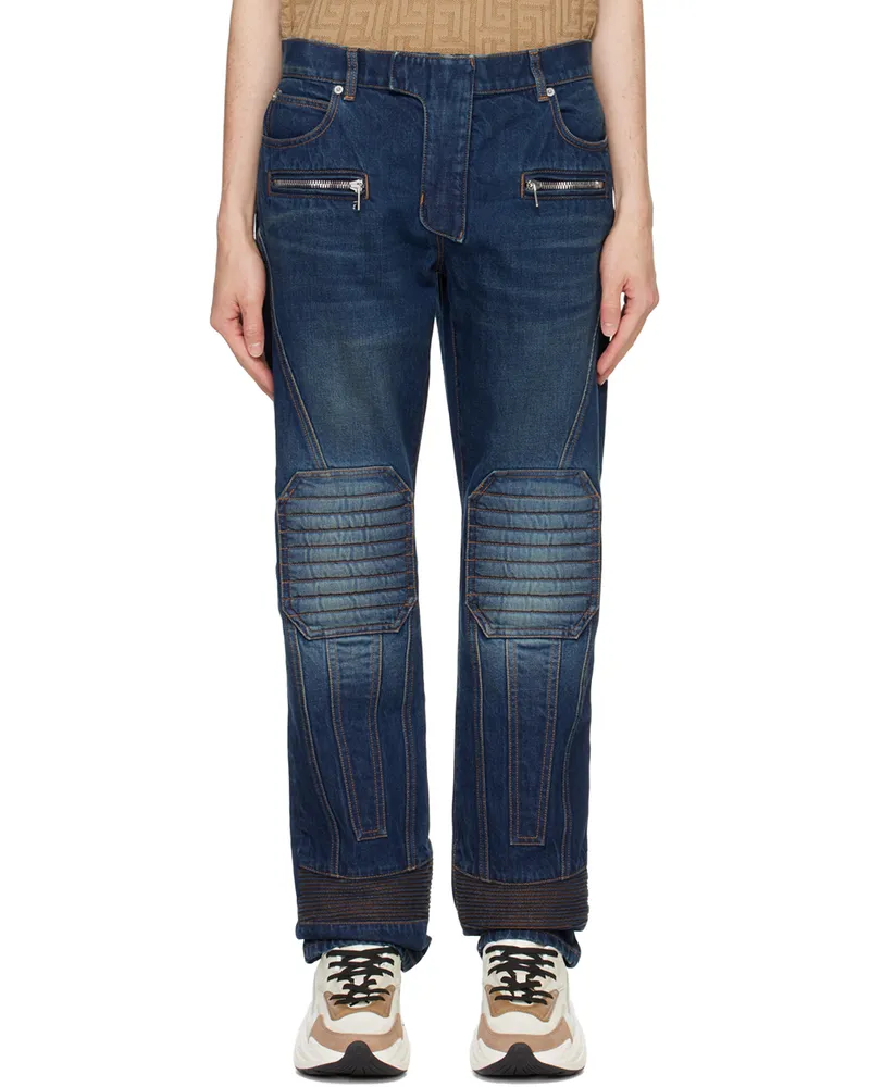 Balmain Navy Straight-Leg Biker Jeans 6kd