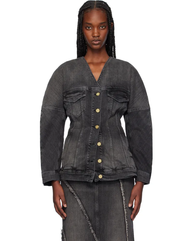 Ganni Black Collarless Denim Jacket 006