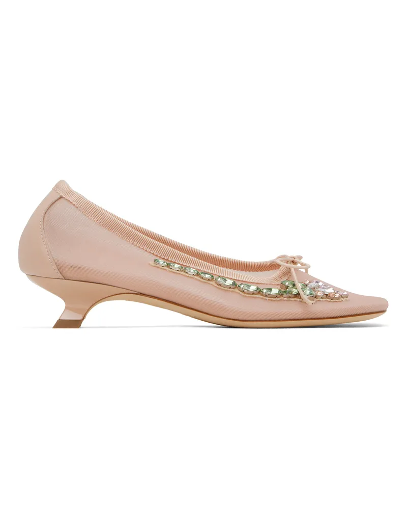 Simone Rocha Pink Embellished Flower Mesh Ballerina Heels Nude