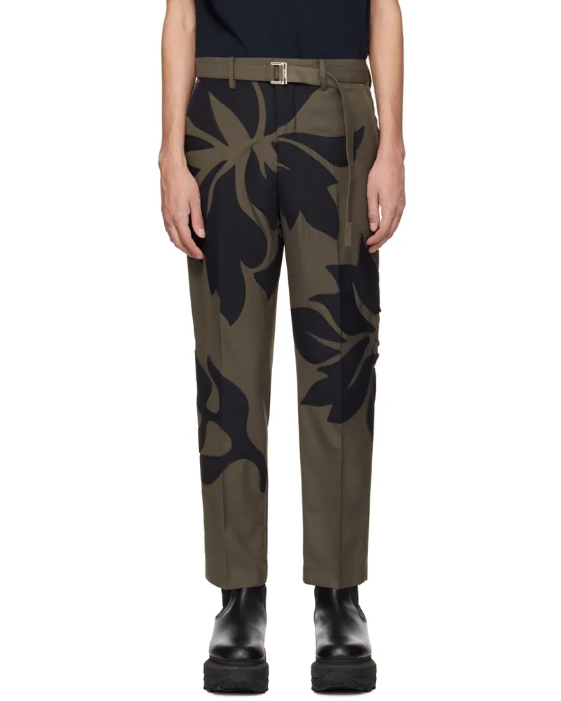Sacai Taupe & Navy Floral Appliqué Trousers 544