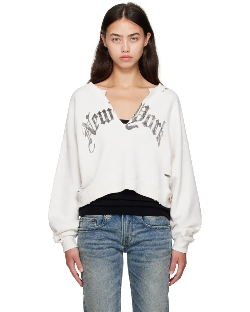 R13 SSENSE Exclusive White 'New York' Cropped Front Slit Sweatshirt Ecru