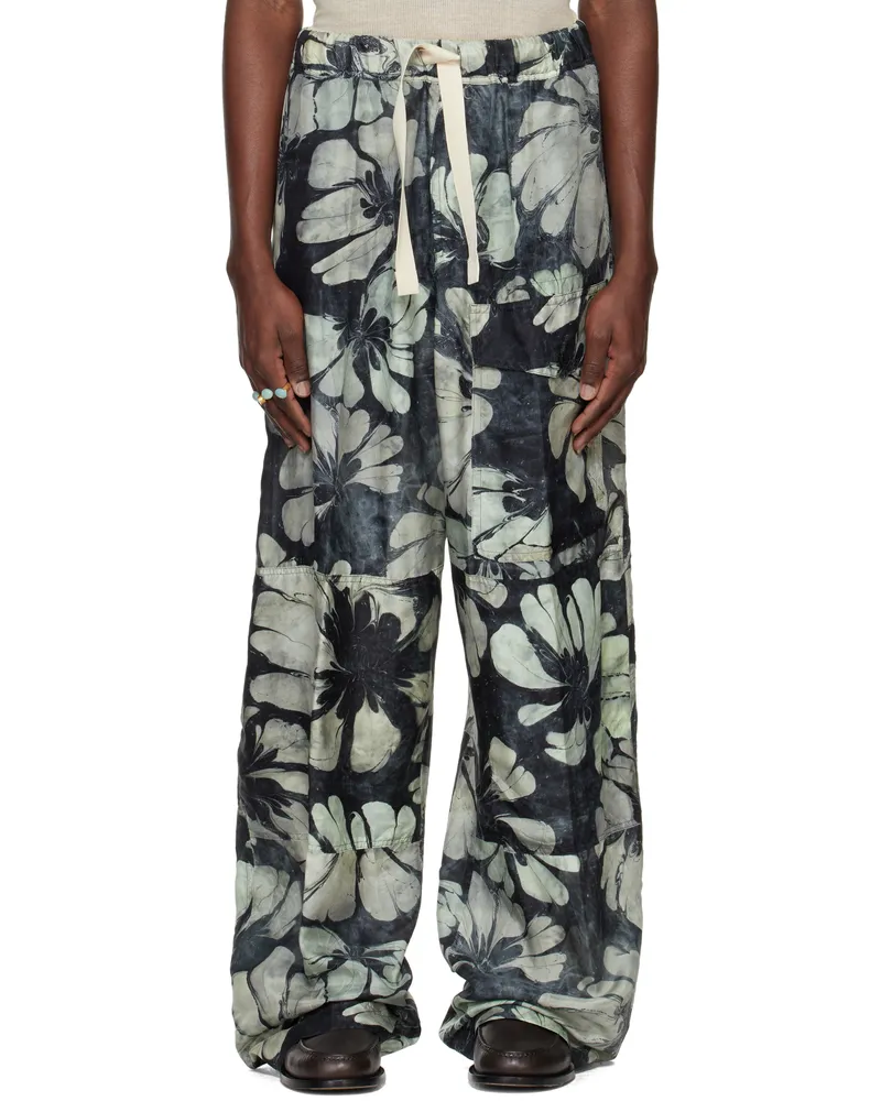 Dries van Noten Navy & Green Silk Drawstring Cargo Pants Green