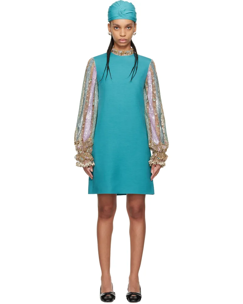 Valentino Garavani Blue Embroidered Crepe Couture Minidress R9a