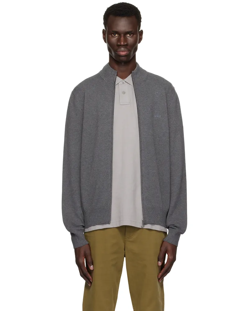 HUGO BOSS Gray Zip-Up Embroidered Logo Sweater 030-medium