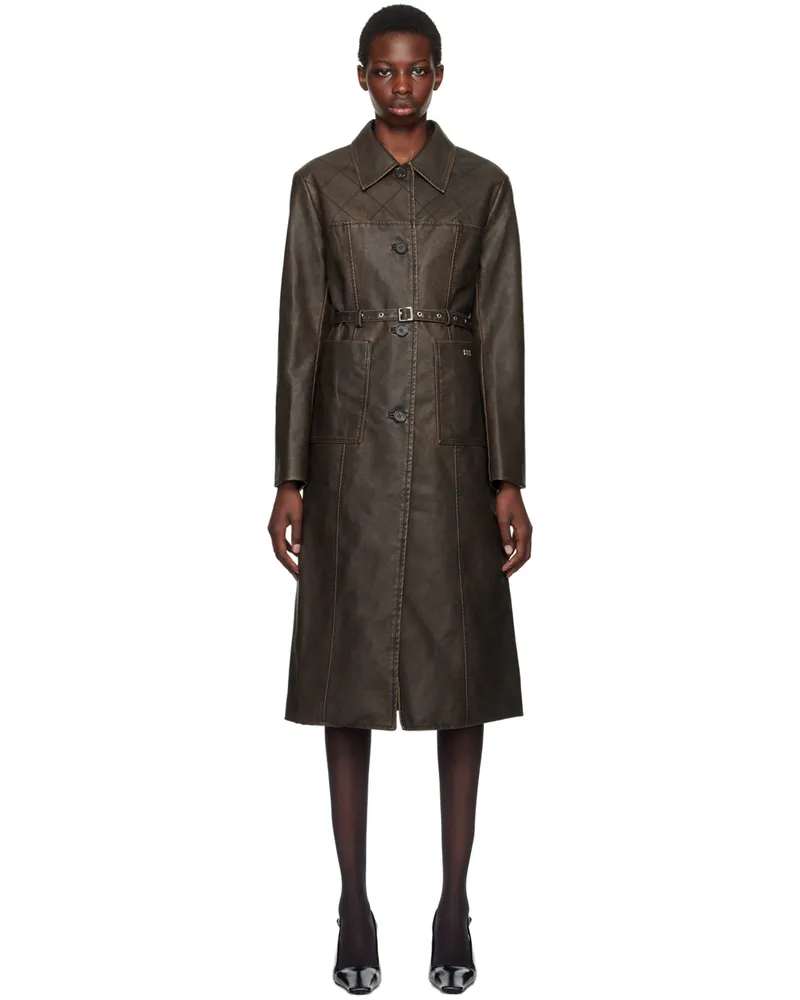 Kijun Brown Stitched Faux-Leather Coat Dark_brown