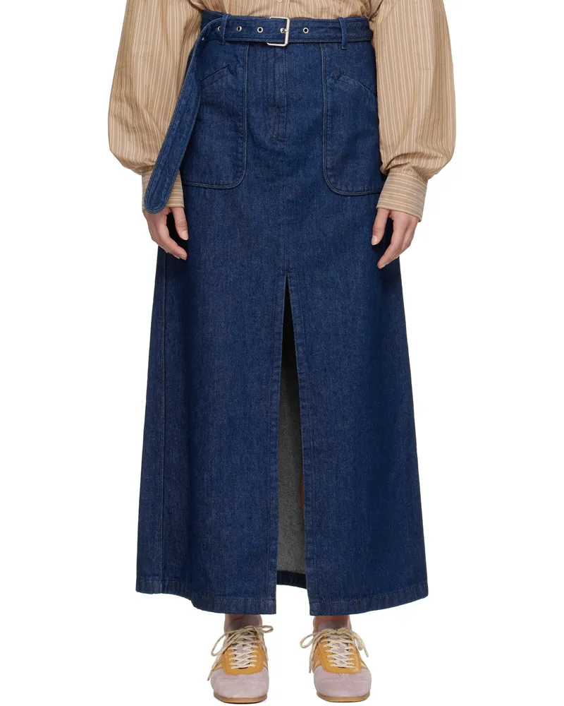 Dries van Noten Navy Belted Denim Maxi Skirt 504