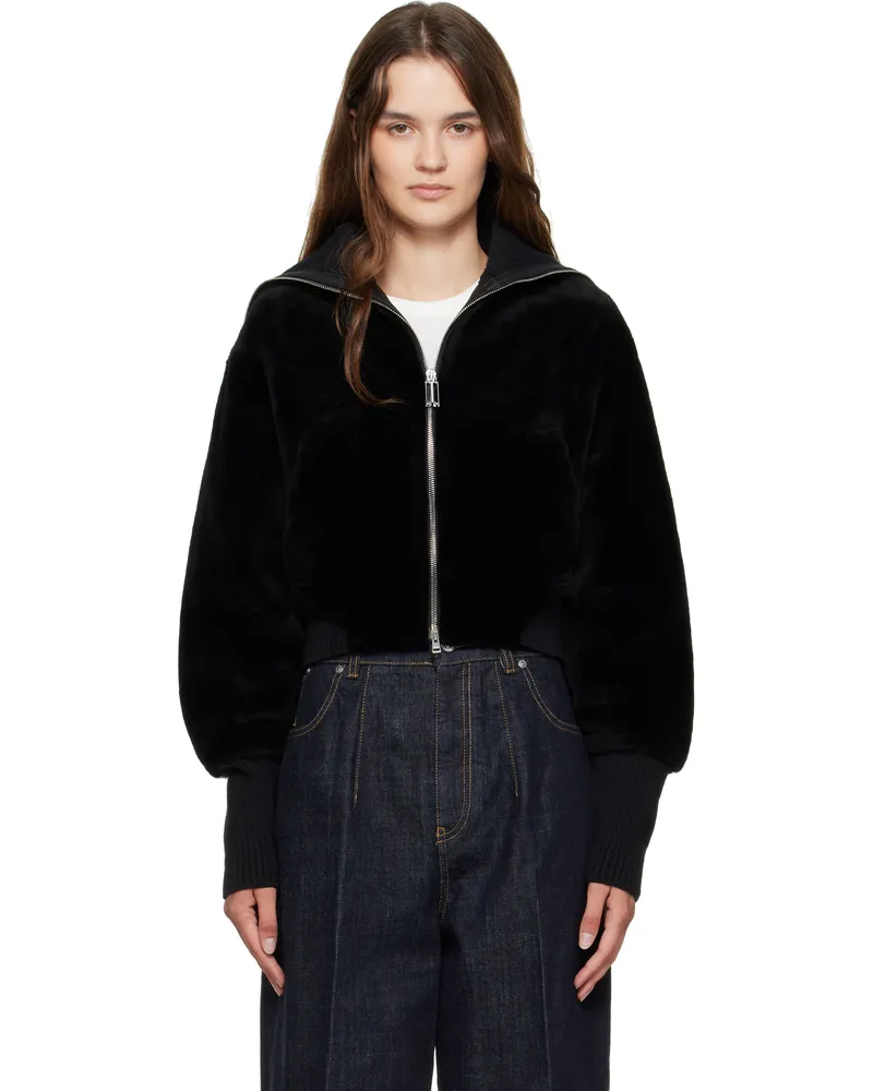 Victoria Beckham Black Zip Shearling Bomber Jacket Black