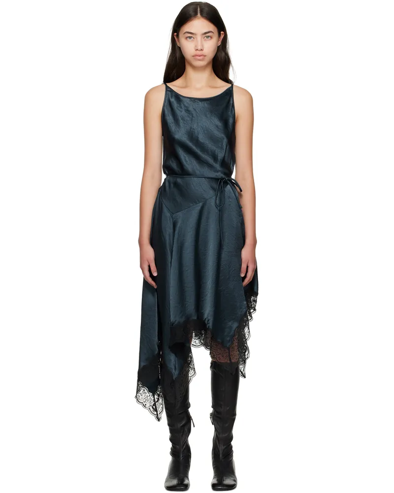 Acne Studios Navy Satin Lace Midi Dress Cq0