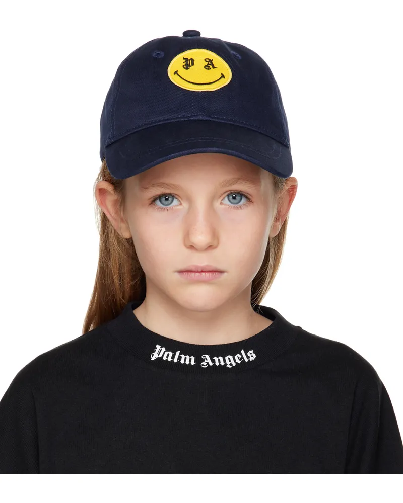 Palm Angels Kids Navy Smiley Baseball Cap Lemon