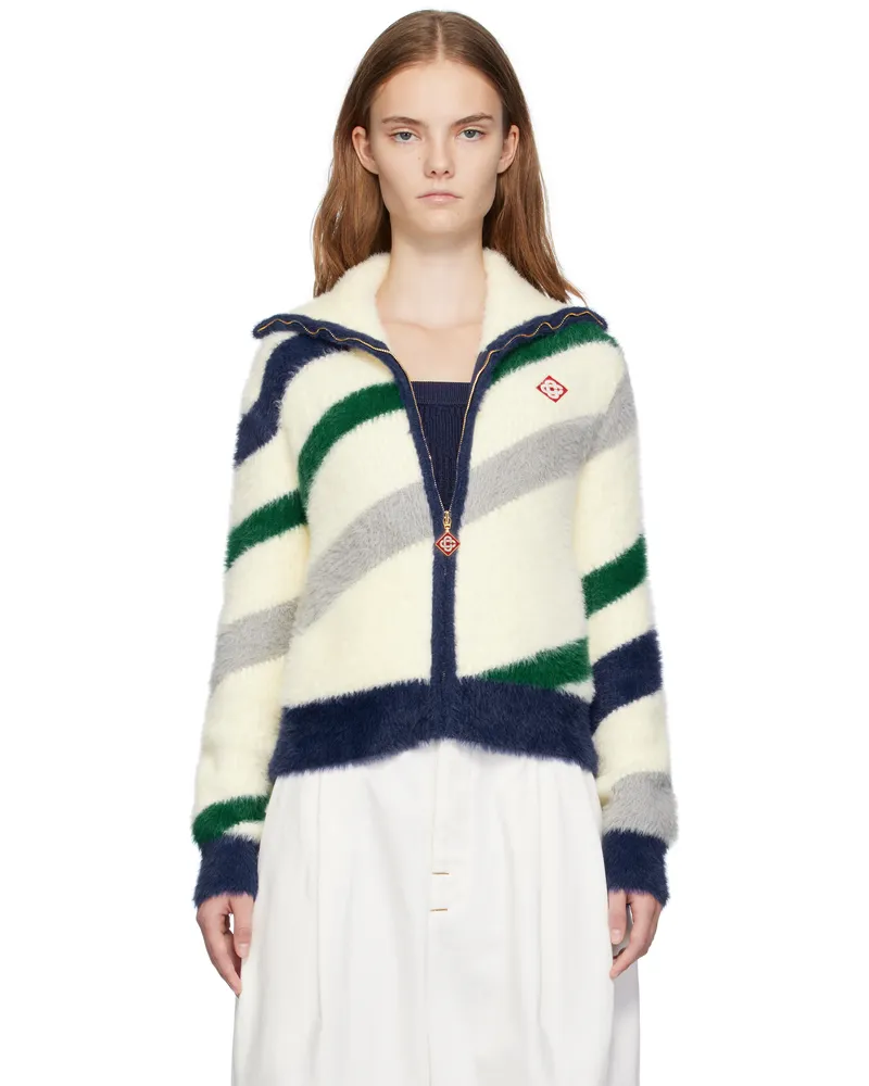 Casablanca Paris Off-White Striped Fluffy Zip Up Jacket Diagonal