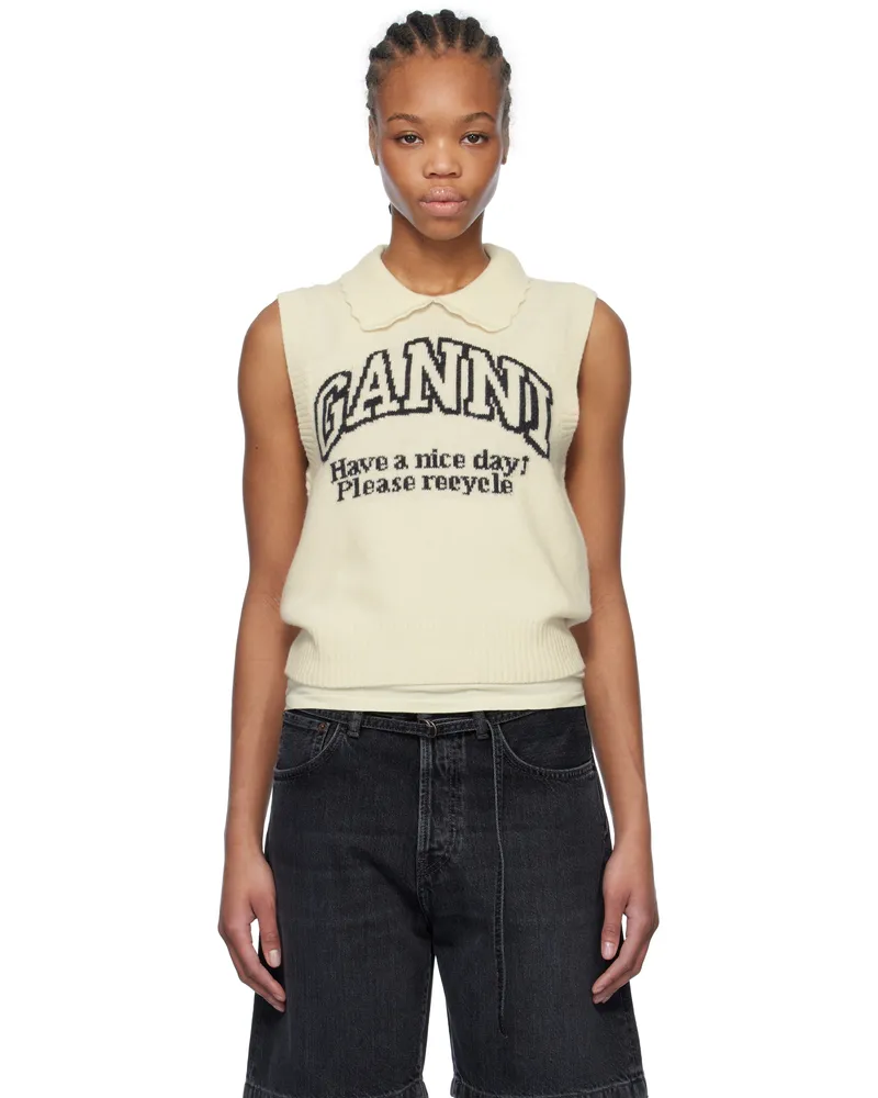 Ganni Off-White Graphic Wool Mix Collar Vest 135