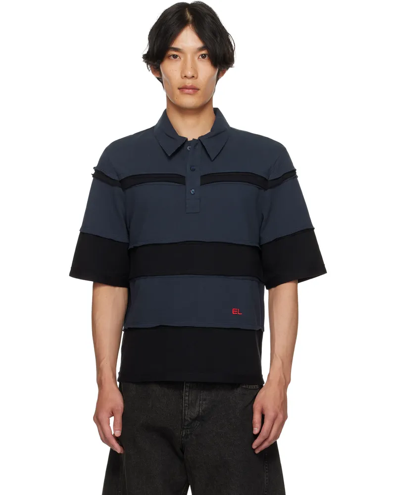 Eckhaus Latta Navy & Black Striated Polo Midnight