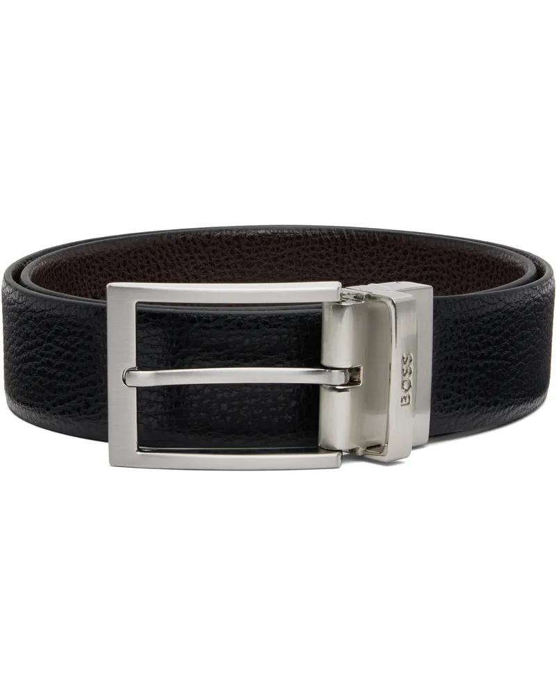 HUGO BOSS Black & Brown Leather Logo Keeper Reversible Belt 002-black
