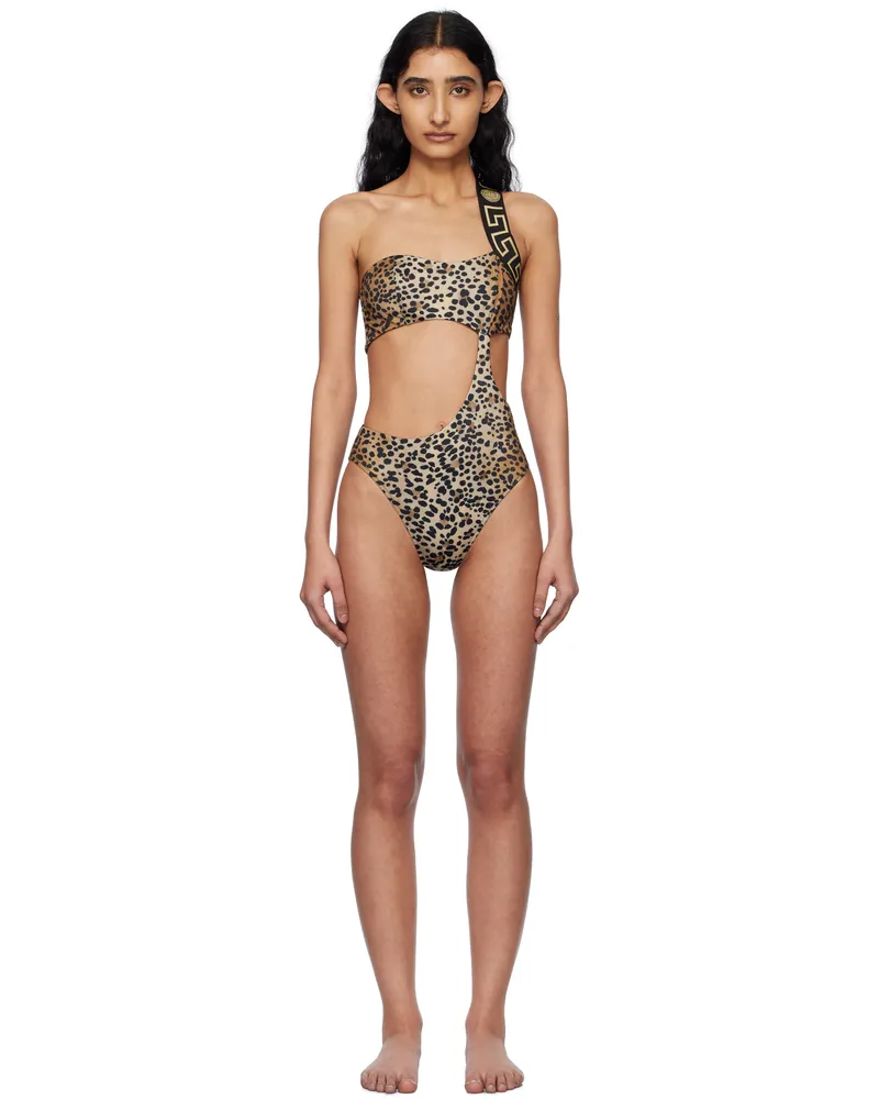 Versace Brown & Black Greca Border One-Piece Swimsuit 5n580-natural+black+