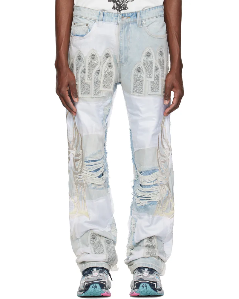 WHO DECIDES WAR Blue 'WDW' Winged Organza Denim Jeans Sky