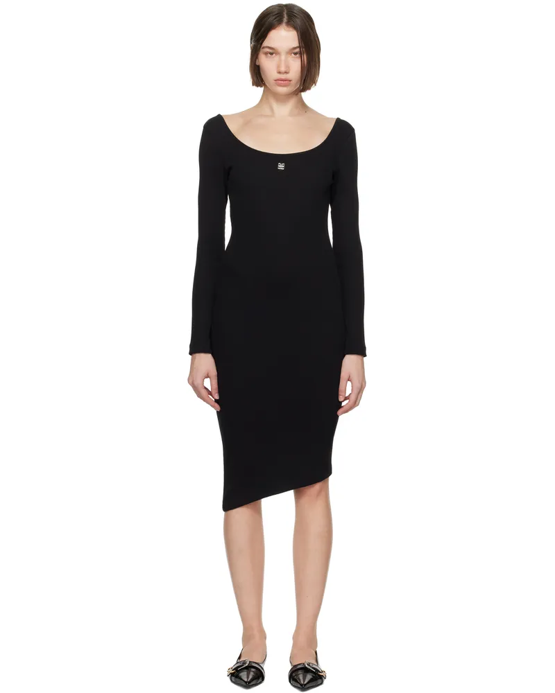 Givenchy Black Asymmetric Ribbed Cotton 4G Liquid Midi Dress 001-black
