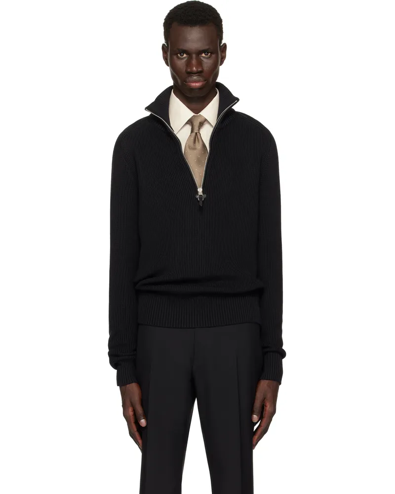 Tom Ford Black Silk Merino Rib Quarter Zip Sweater Black