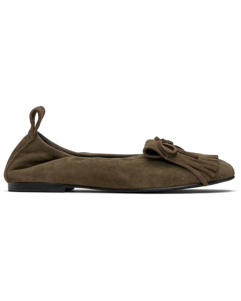 OPEN YY Khaki Bun Suede Fringe Ballerina Flats Khaki