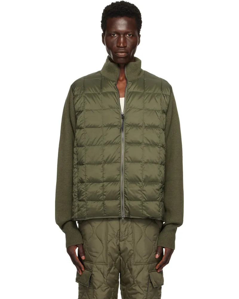 TAION Khaki Basic High Neck W Zip Knit Sleeve Down Jacket D.olive